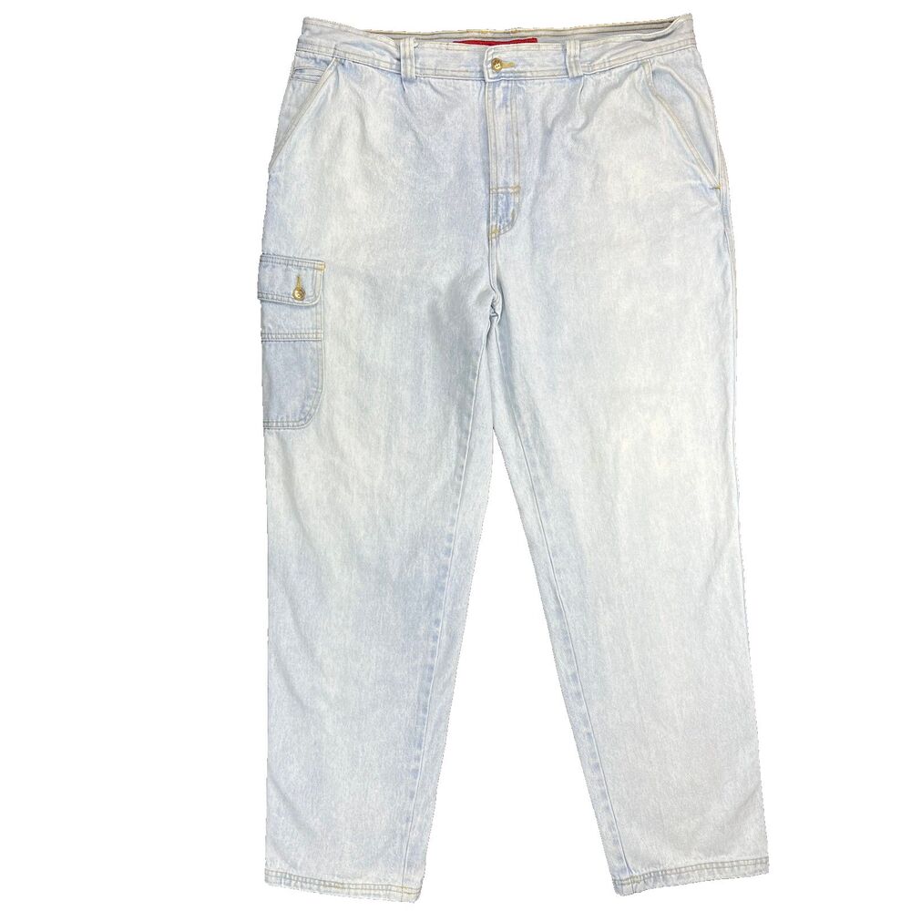 VTG 90s Bugle Boy Mens Cargo Jeans Light Wash Pleated Tapered Baggy Denim 38x31